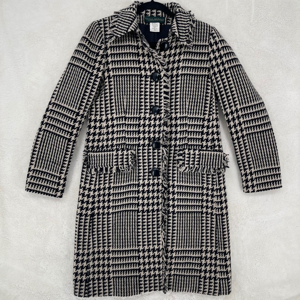Harve Benard Wool Blend Houndstooth Fringe Trim Button Up Coat Black White 6